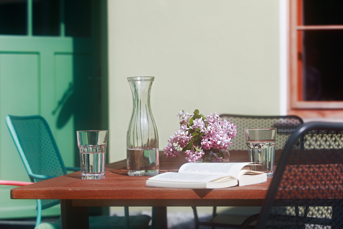 Ein Holztisch im Freien mit zwei Wassergläsern, einer Glaskaraffe, einem aufgeschlagenen Buch und einer Vase mit rosa Blumen. Grüne und schwarze Stühle umgeben den Tisch, und im Hintergrund sind eine grüne Tür und ein Fenster zu sehen.