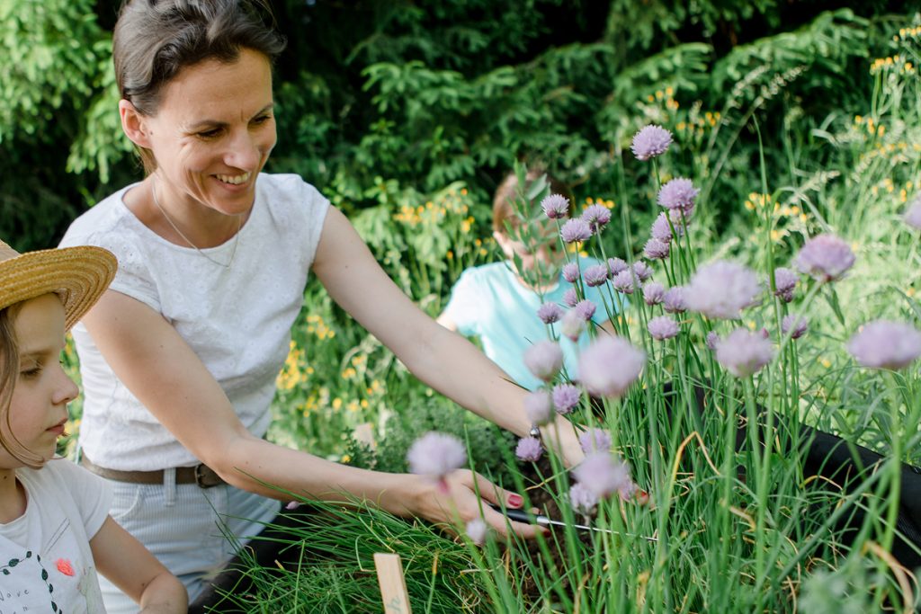 Eine Frau und zwei Kinder sind bei der Gartenarbeit im Freien, umgeben von hohen grünen Pflanzen und blühenden lila Blumen. Die Frau lächelt und benutzt eine Schere, um die Pflanzen zu beschneiden. Die Szene ist hell und sonnig.